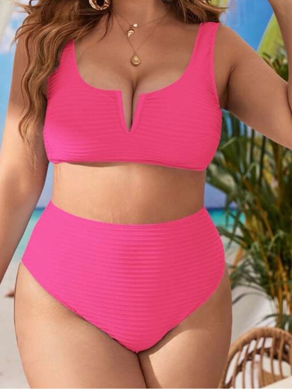 Women's Ribbed V-Notch Swim Set - Hot Pink